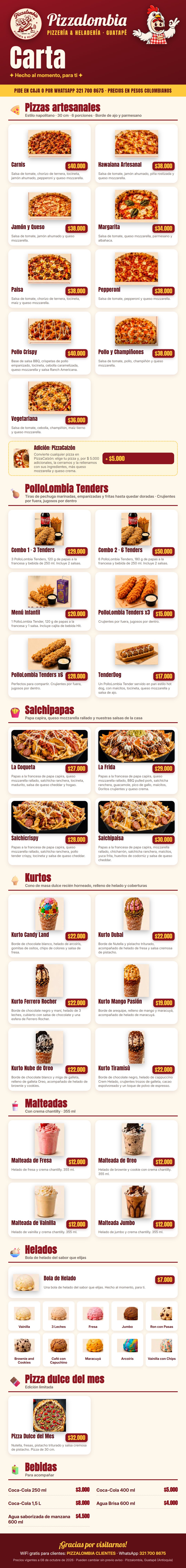 Carta de Pizzalombia: pizzas, tenders, salchipapas, kurtos, malteadas, helados y bebidas con precios